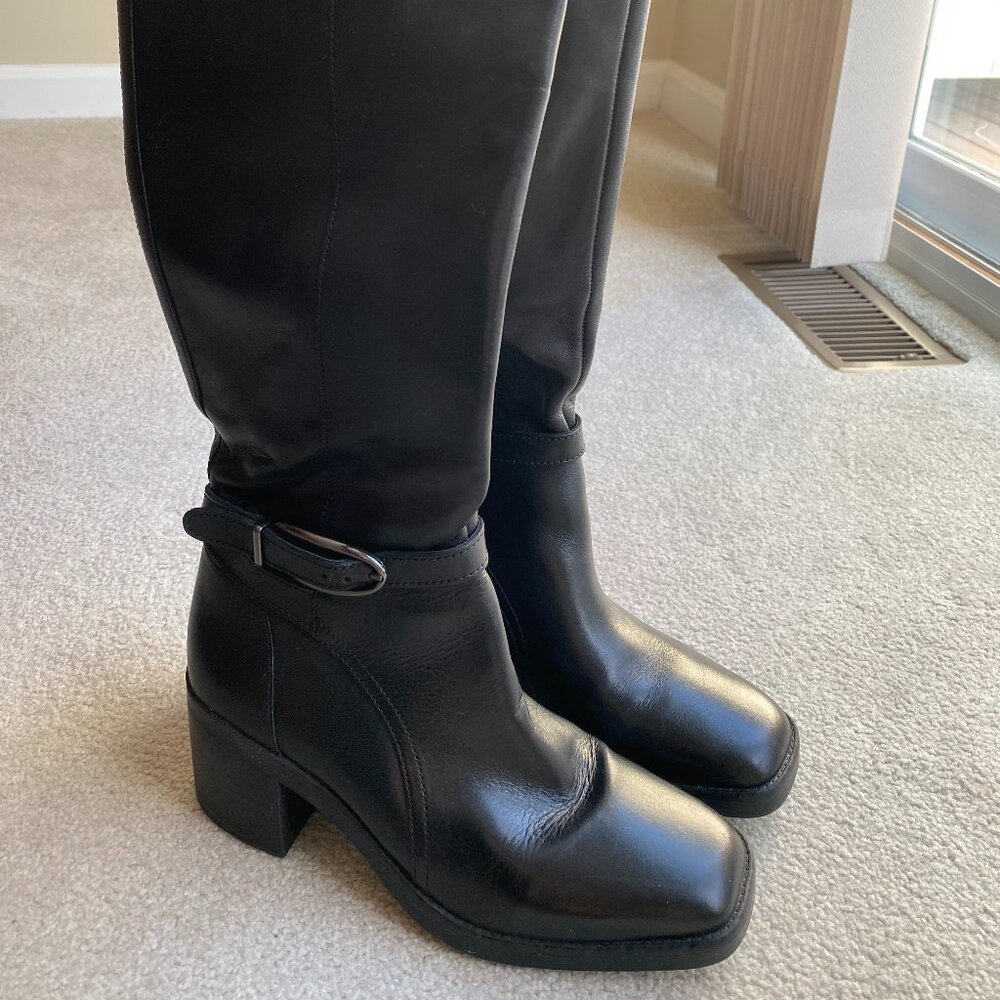 Naturalizer Elliot Black Leather Tall Boots Size 8.5 M, Square Toe, Block Heel